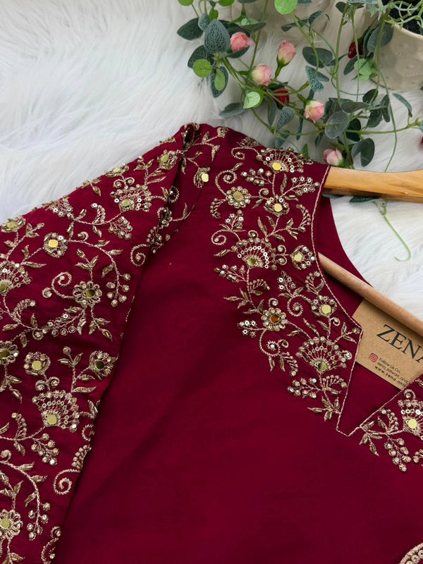 ✨ Glass Chanderi Embroidered Party Wear Kurti Set ✨