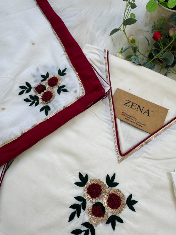 ✨ Premium Cotton Embroidered Hand-Detailed A-Line Kurti Set ✨