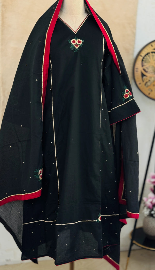 ✨ Premium Cotton Embroidered Hand-Detailed A-Line Kurti Set ✨