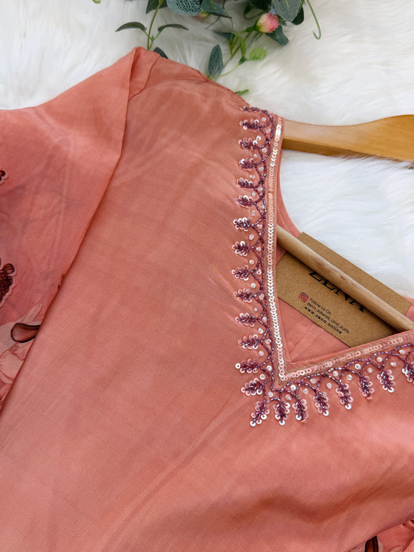 ✨ Mul Chanderi Hand Detailed V-Neck Kurti Set ✨