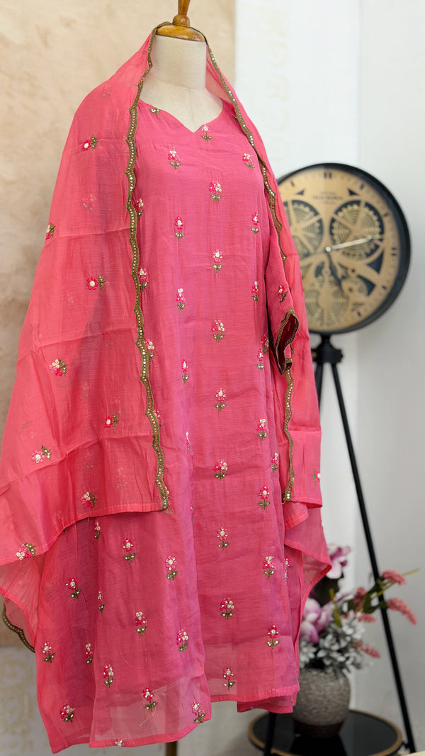 ✨ Glass Chanderi Embroidered A-Line Kurti Set ✨