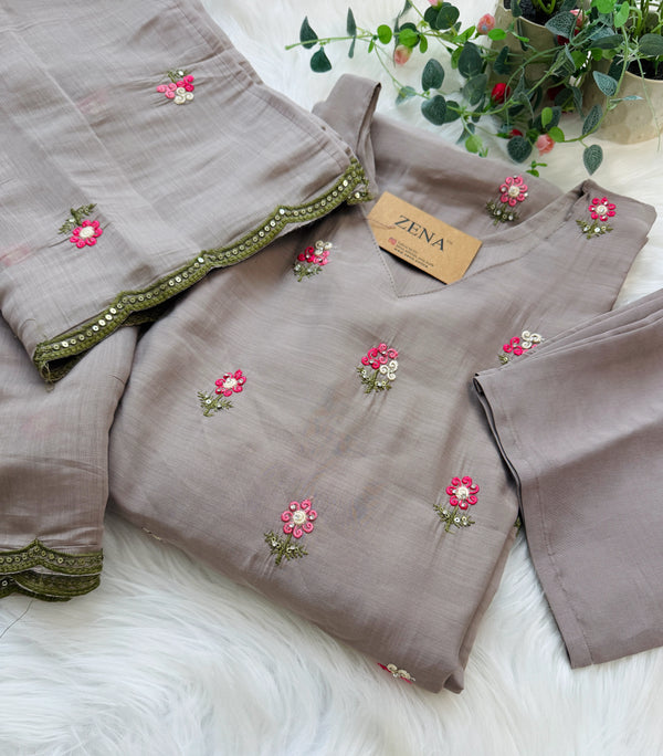 ✨ Glass Chanderi Embroidered A-Line Kurti Set ✨