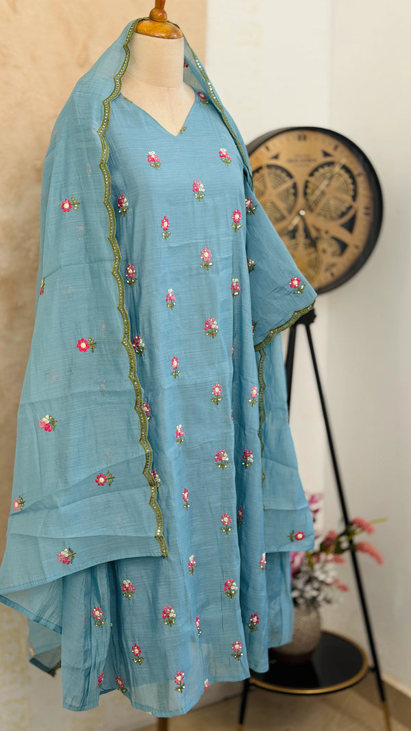 ✨ Glass Chanderi Embroidered A-Line Kurti Set ✨