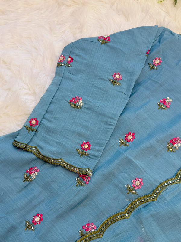 ✨ Glass Chanderi Embroidered A-Line Kurti Set ✨