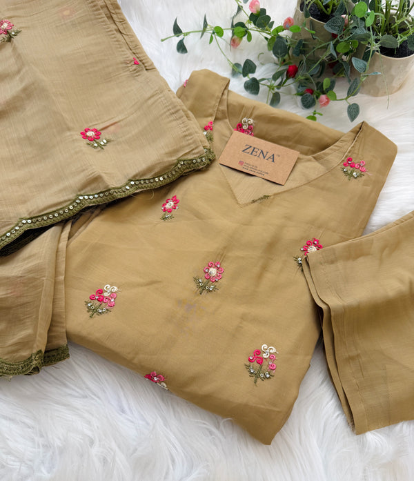 ✨ Glass Chanderi Embroidered A-Line Kurti Set ✨