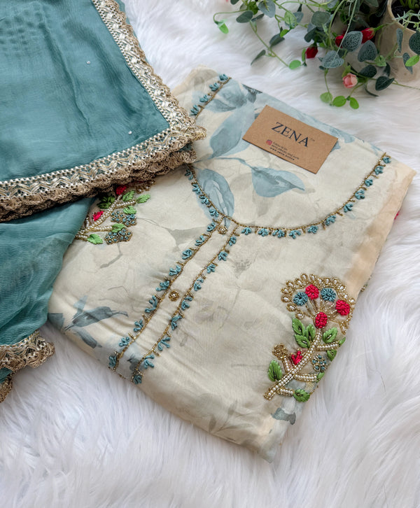 ✨ Pure Crepe Unstitched Suit with Chiffon Dupatta ✨