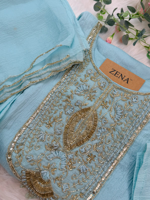 ✨ Crush Silk Handwork Slitted Partywear Kurti Set ✨