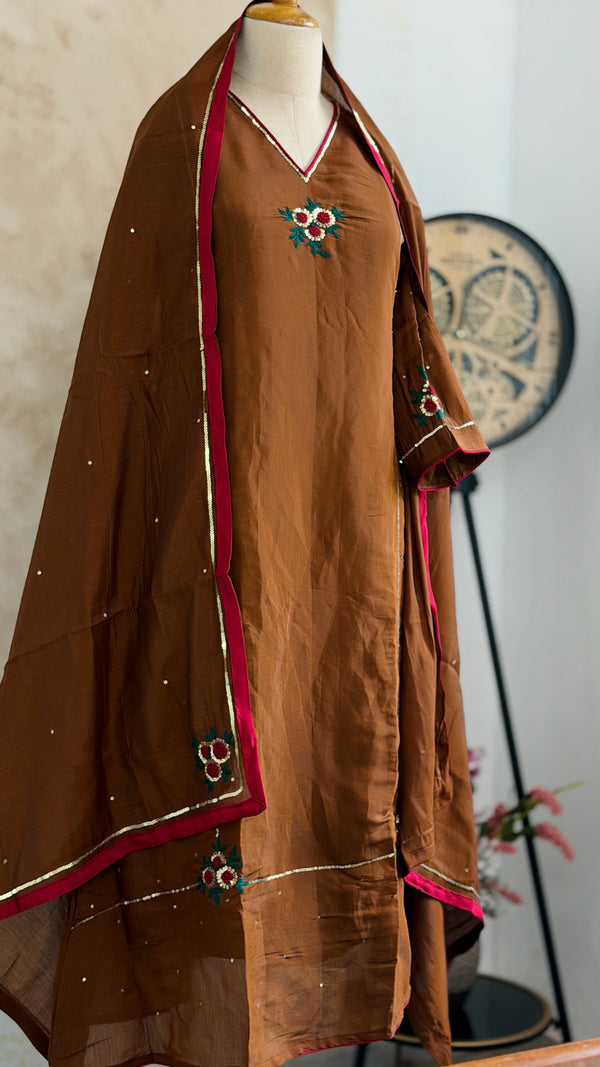 ✨ Premium Glass Chanderi Hand Detailed A-Line Kurti Set ✨