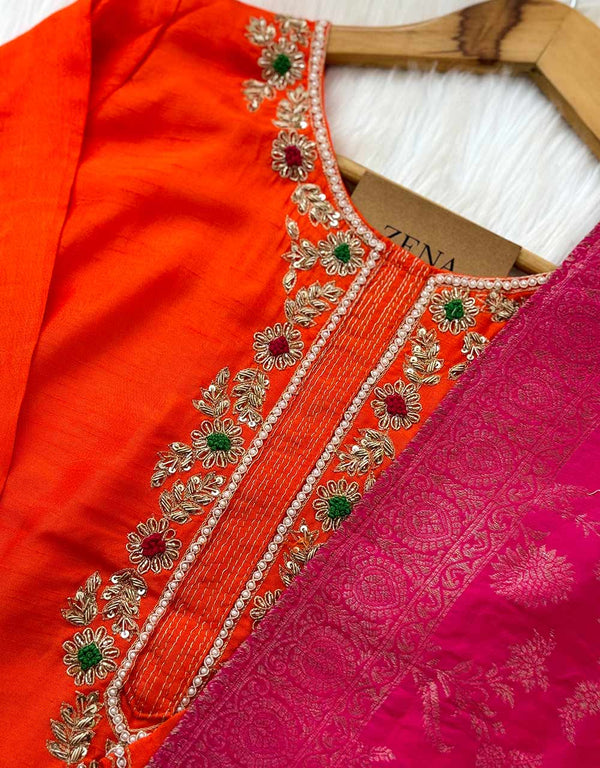 Ready-to-Wear Dola Silk Handwork Kurti Set with Banarasi Dupatta ๐