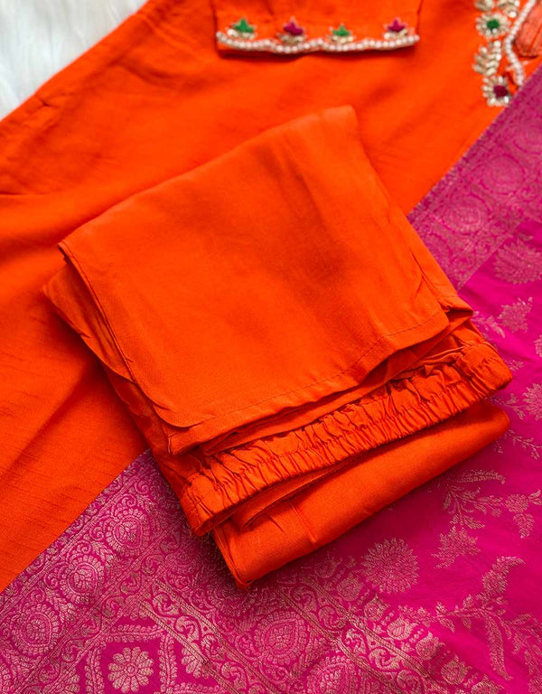 Ready-to-Wear Dola Silk Handwork Kurti Set with Banarasi Dupatta ๐