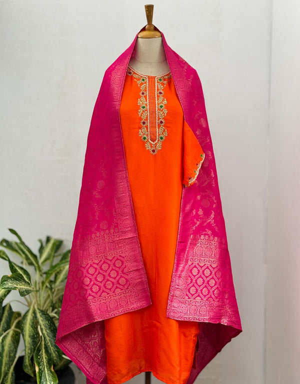 Ready-to-Wear Dola Silk Handwork Kurti Set with Banarasi Dupatta ๐