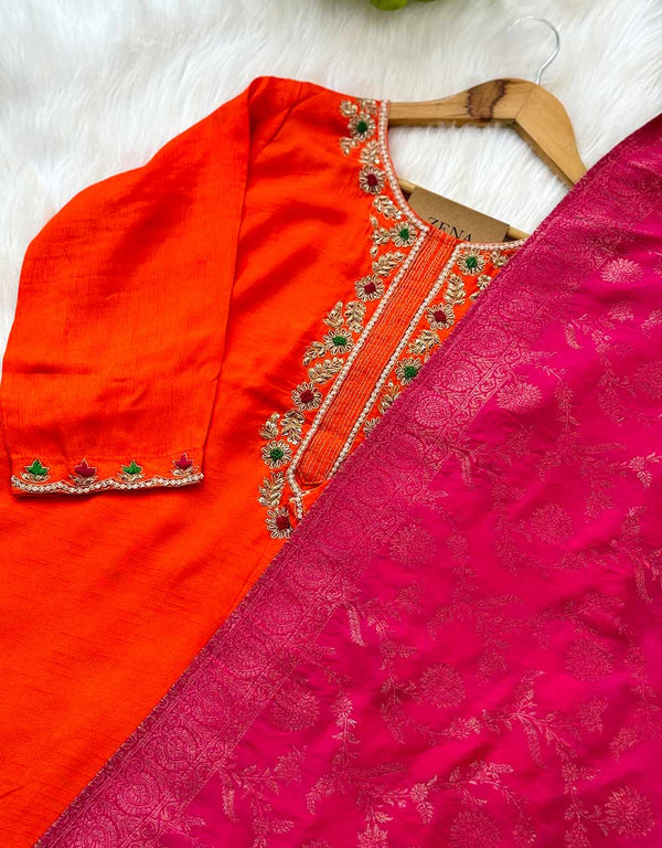 Ready-to-Wear Dola Silk Handwork Kurti Set with Banarasi Dupatta ๐