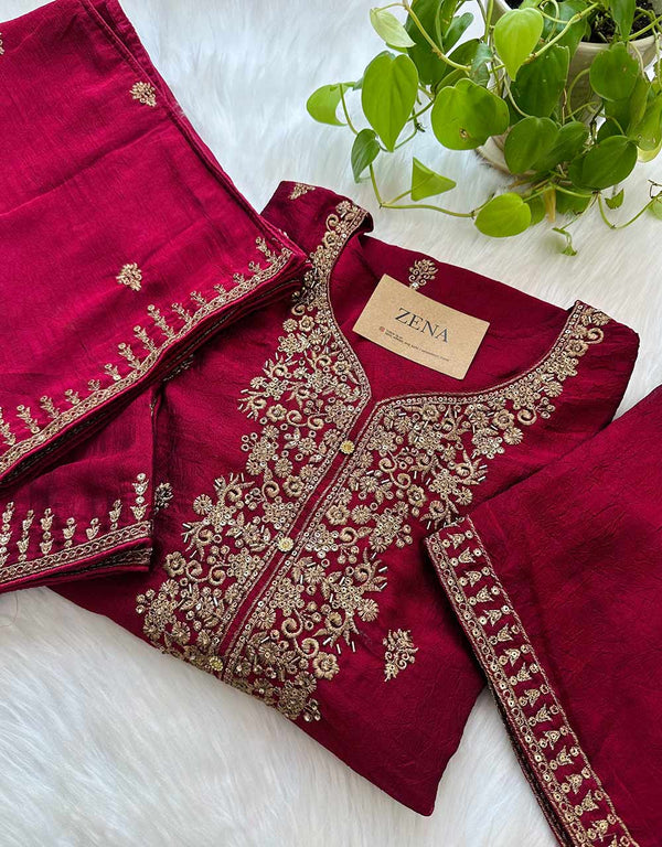 Shimmer Silk Ready-to-Wear Hand Work Kurti Set – Radiate Elegance ✨