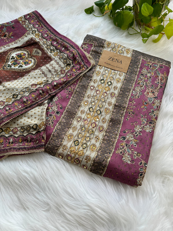 Unstitched Muslin Hand Detailed Pakistani Suit with Real Mirror Work – Elegant Festive Fabric Set