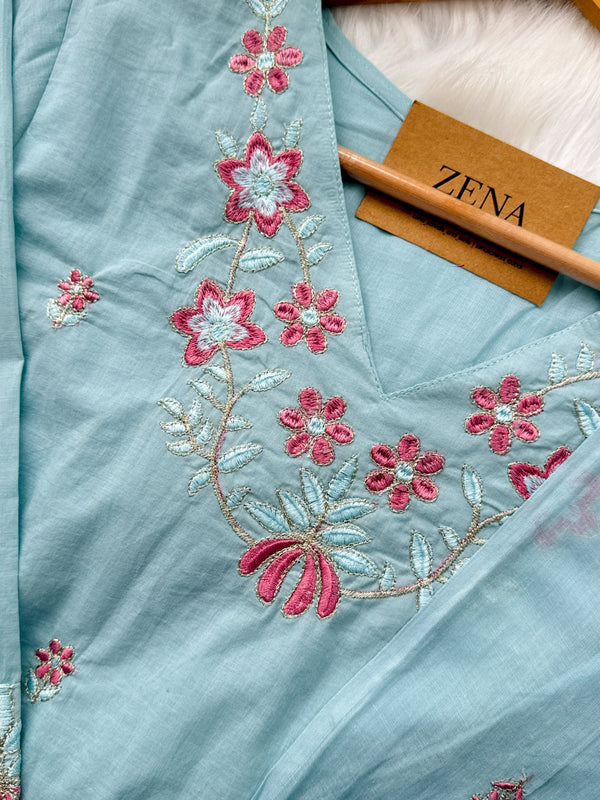 Mul Cotton Embroidered Kurti Set – Comfortable & Stylish Ready-to-Wear Outfit