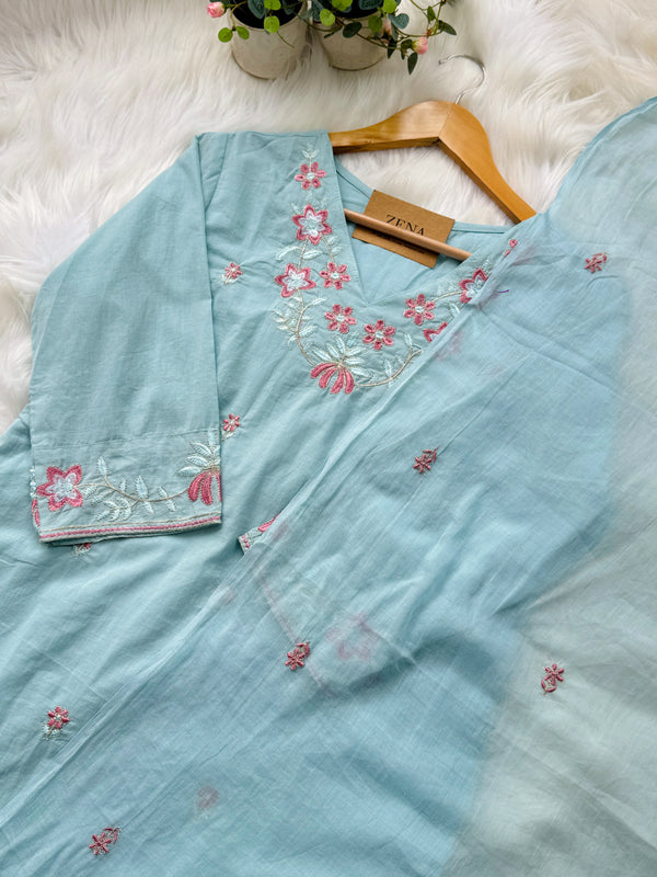 Mul Cotton Embroidered Kurti Set – Comfortable & Stylish Ready-to-Wear Outfit