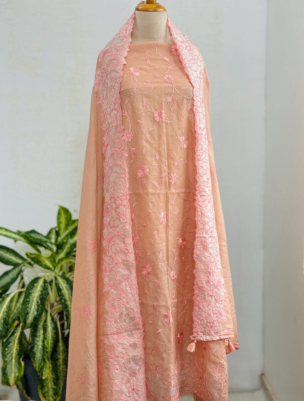 Premium Mul Chanderi Unstitched Embroidered Partywear Suit – Sophisticated & Stylish