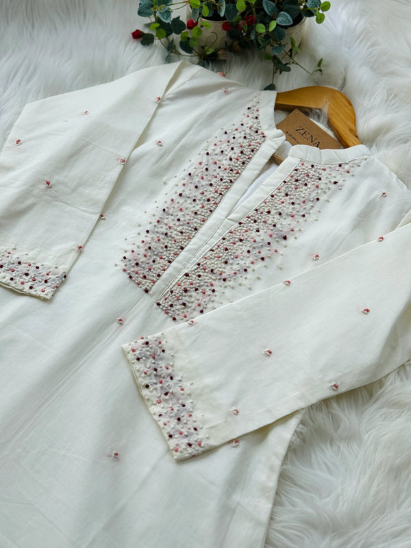 Premium Mul Cotton Handwork Kurti Set – French Knot Detailing