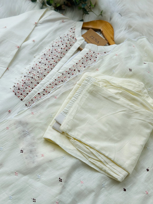 Premium Mul Cotton Handwork Kurti Set – French Knot Detailing