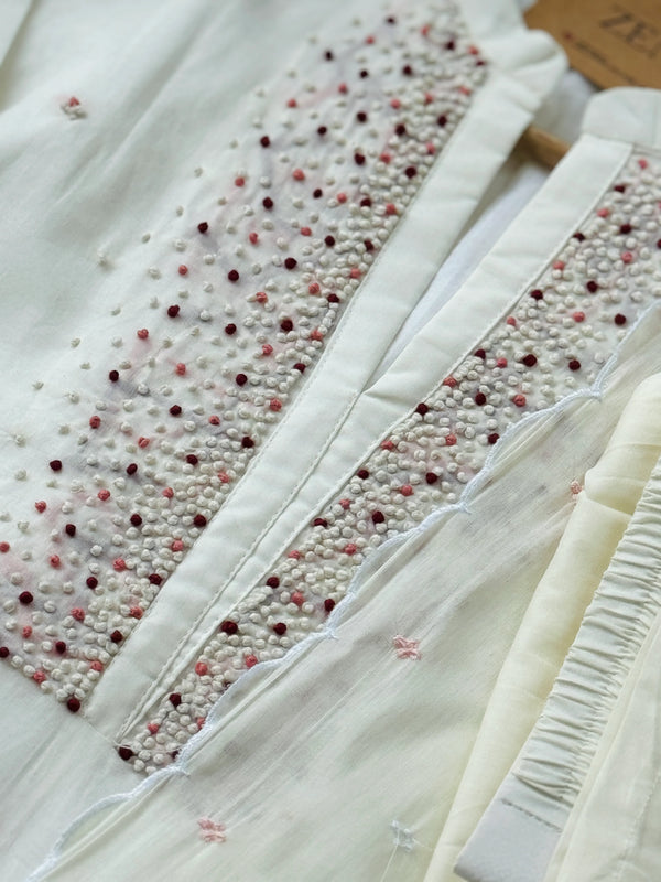 Premium Mul Cotton Handwork Kurti Set – French Knot Detailing