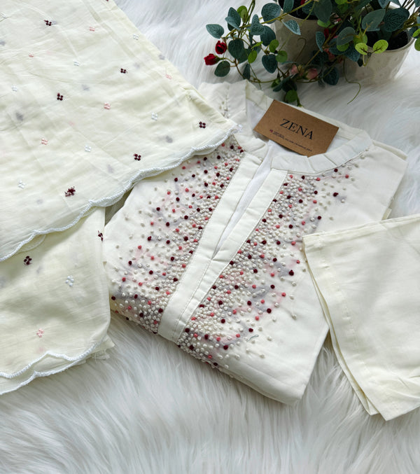 Premium Mul Cotton Handwork Kurti Set – French Knot Detailing