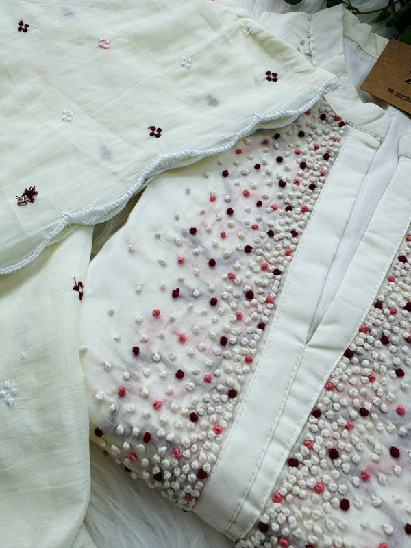 Premium Mul Cotton Handwork Kurti Set – French Knot Detailing