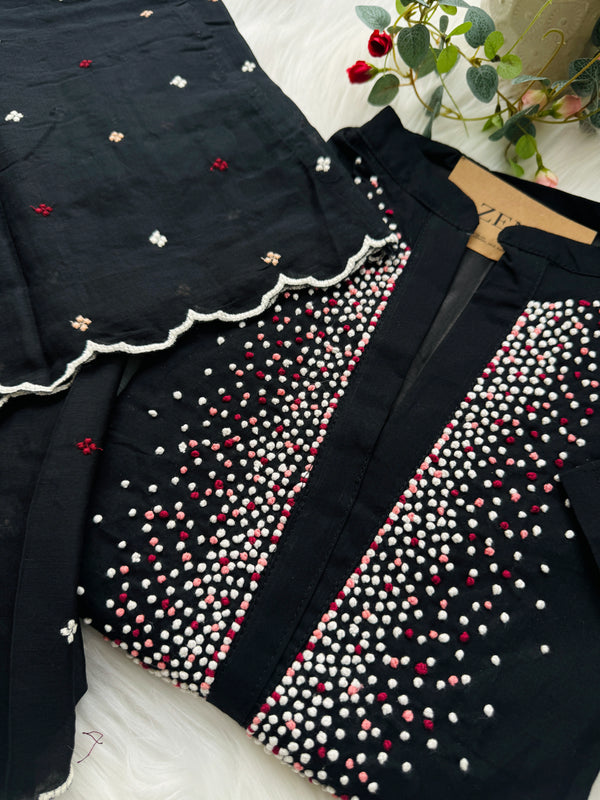 Premium Mul Cotton Handwork Kurti Set – French Knot Detailing