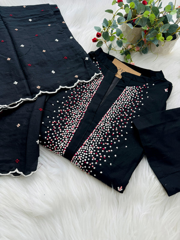 Premium Mul Cotton Handwork Kurti Set – French Knot Detailing