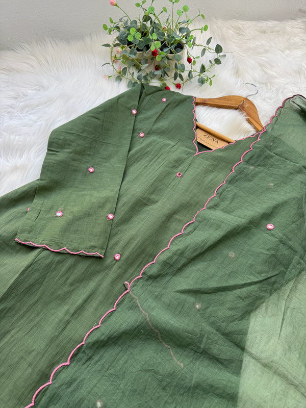 Premium Mul Chanderi Mirror Work A-Line Kurti Set – Shine with Subtle Elegance