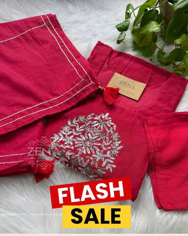 Pure Mul Chanderi Hand-Embroidered A-Line Kurti Set