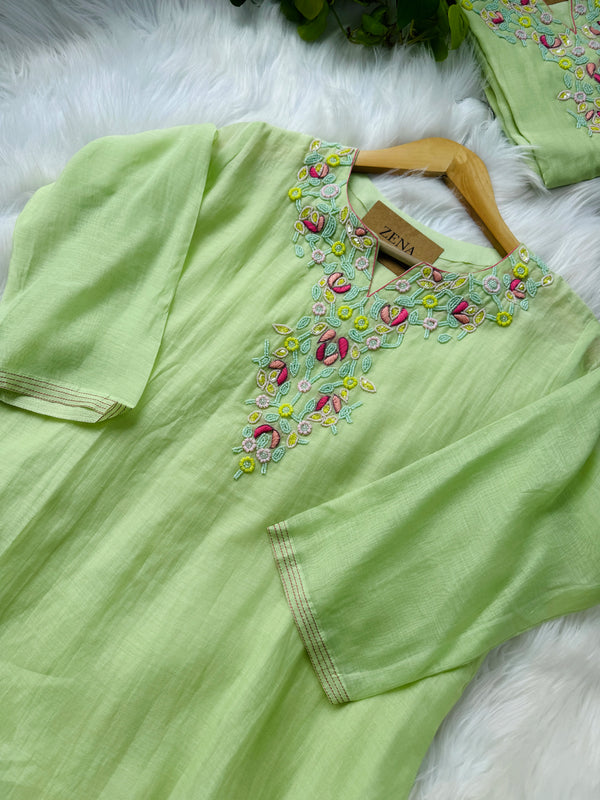 Premium Mul Chanderi Hand Detailed A-Line Kurti Set – Elegant Ethnic Charm