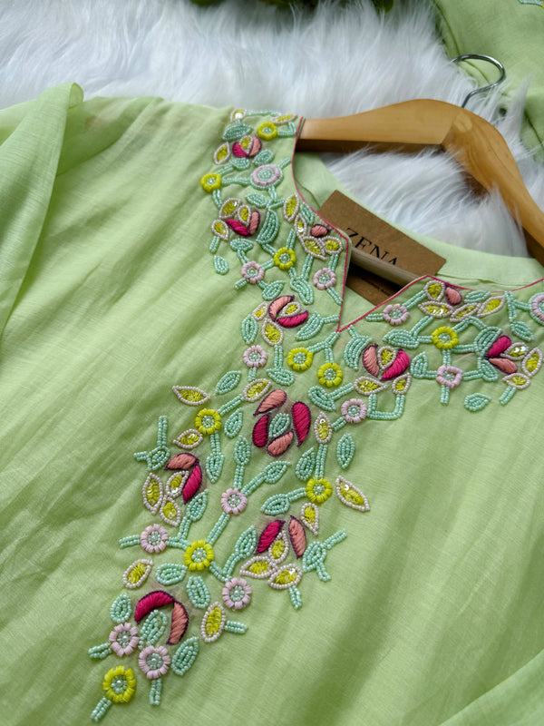 Premium Mul Chanderi Hand Detailed A-Line Kurti Set – Elegant Ethnic Charm