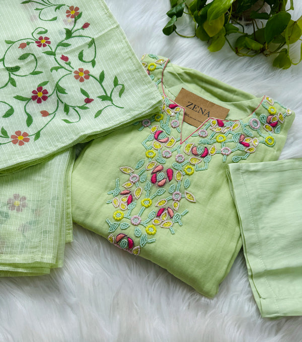 Premium Mul Chanderi Hand Detailed A-Line Kurti Set – Elegant Ethnic Charm