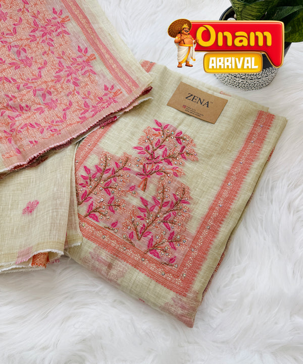 🌼✨ Onam Arrival | Linen Hand-Detailed Unstitched Suit ✨🌼