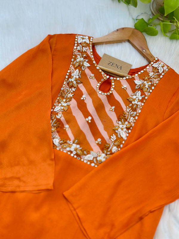 Pure Chinnon Handwork Kurti Set – Radiate Festive Elegance in Orange