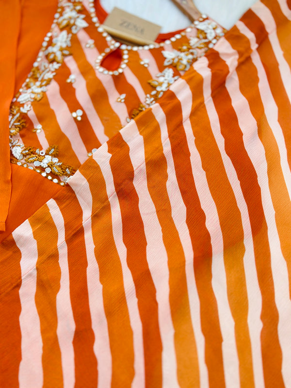 Pure Chinnon Handwork Kurti Set – Radiate Festive Elegance in Orange