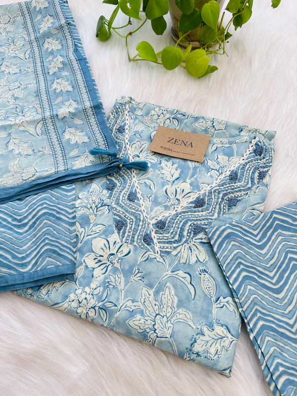 Pure Mul Cotton Hand-Embroidered Kurti Set – Soft Elegance in Sky Blue & Pink