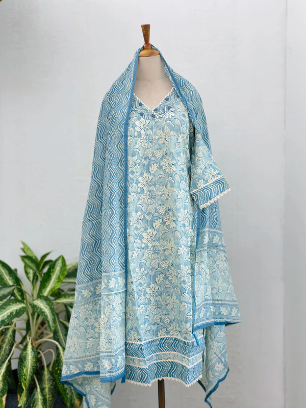 Pure Mul Cotton Hand-Embroidered Kurti Set – Soft Elegance in Sky Blue & Pink