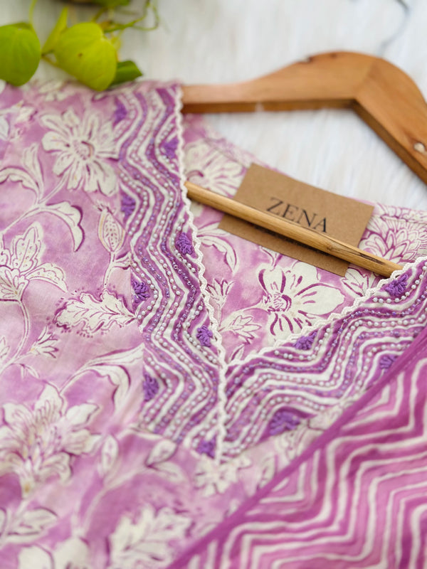 Pure Mul Cotton Hand-Embroidered Kurti Set – Soft Elegance in Sky Blue & Pink