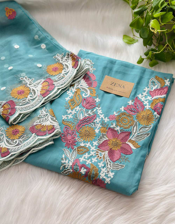 Muslin Unstitched Suit with Embroidered Organza Dupatta - Elegant Craftsmanship 🌟