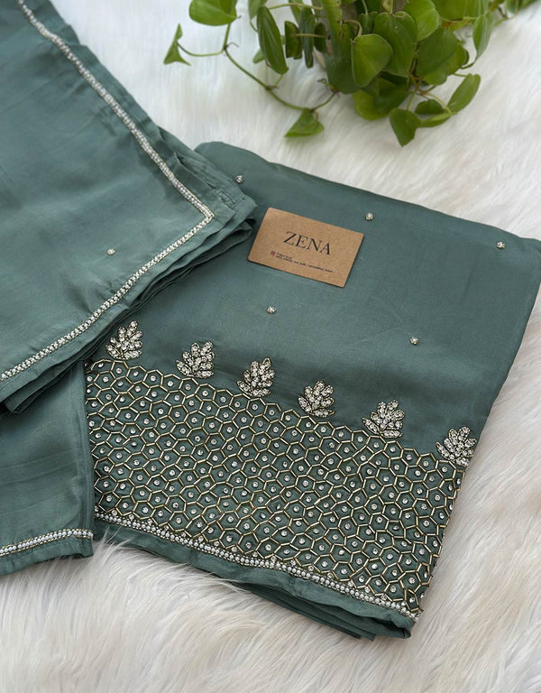 Unstitched Pure Crepe Party Wear Suit – Elegant Handwork Perfection 🌟