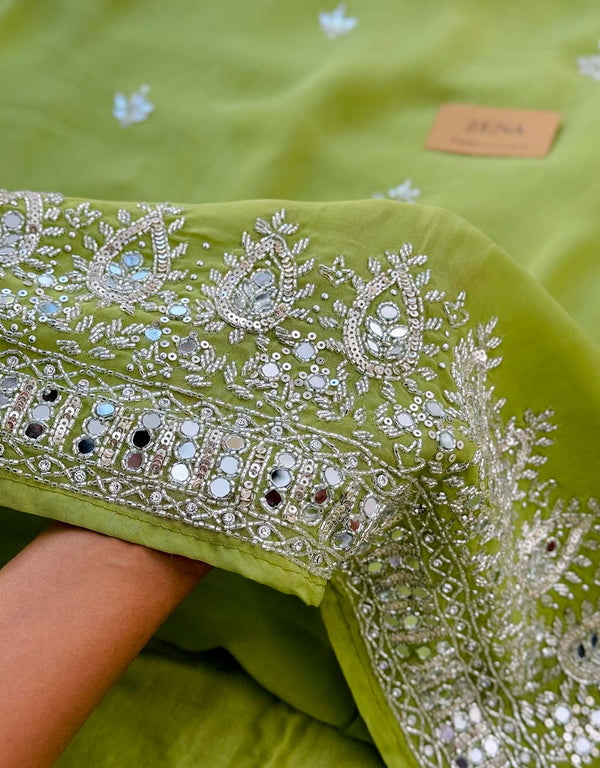 Pure Organza Unstitched Handwork Suit with Real Mirror Work ✨