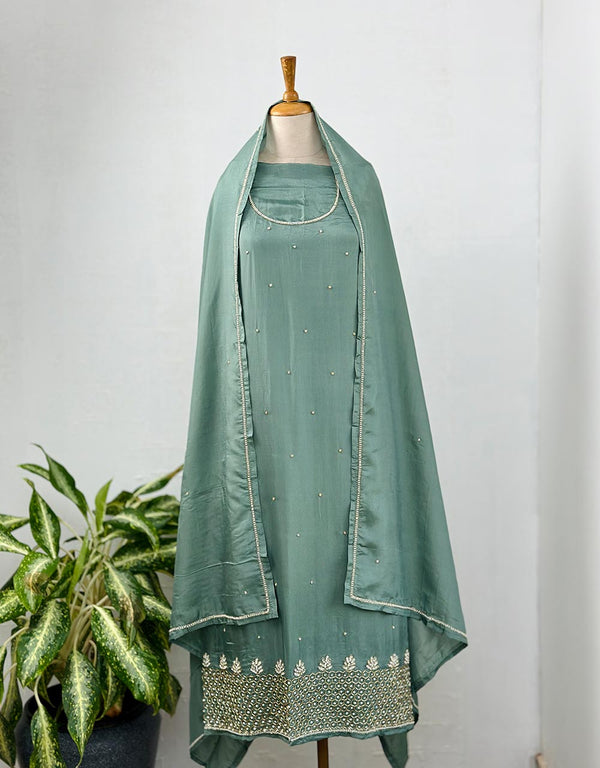 Unstitched Pure Crepe Party Wear Suit – Elegant Handwork Perfection 🌟