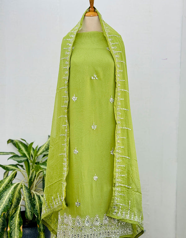 Pure Organza Unstitched Handwork Suit with Real Mirror Work ✨