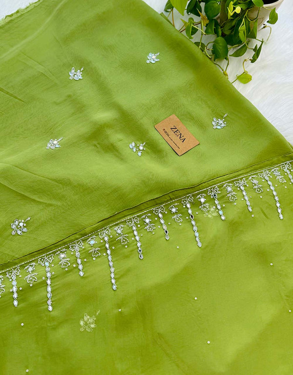 Pure Organza Unstitched Handwork Suit with Real Mirror Work ✨