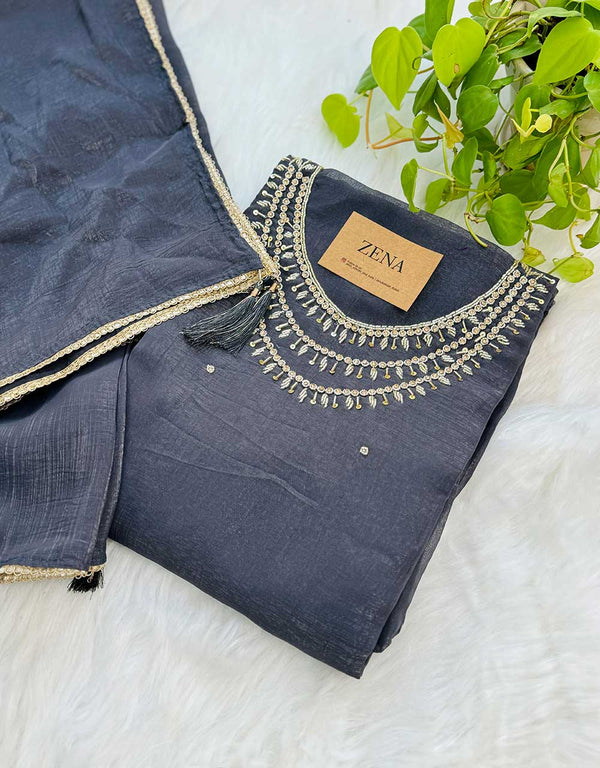 Unstitched Shimmer Silk Handwork Suit ✨