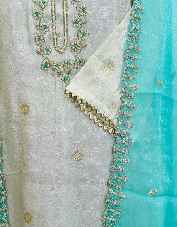 Elegant Ready-to-Wear Tissue Silk Kurti Set with Shimmer Dupatta & Hand Work 🌟