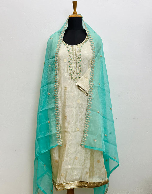 Elegant Ready-to-Wear Tissue Silk Kurti Set with Shimmer Dupatta & Hand Work 🌟