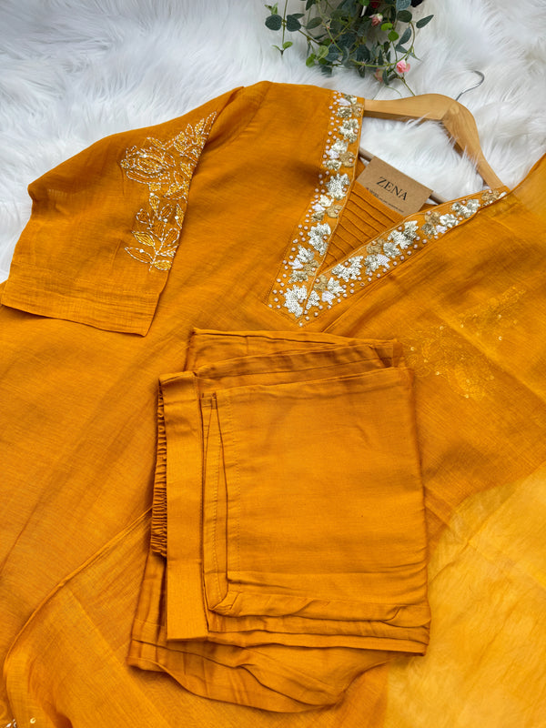 Premium Mul Chanderi Hand Detailed A-Line Kurti Set – Grace in Every Thread