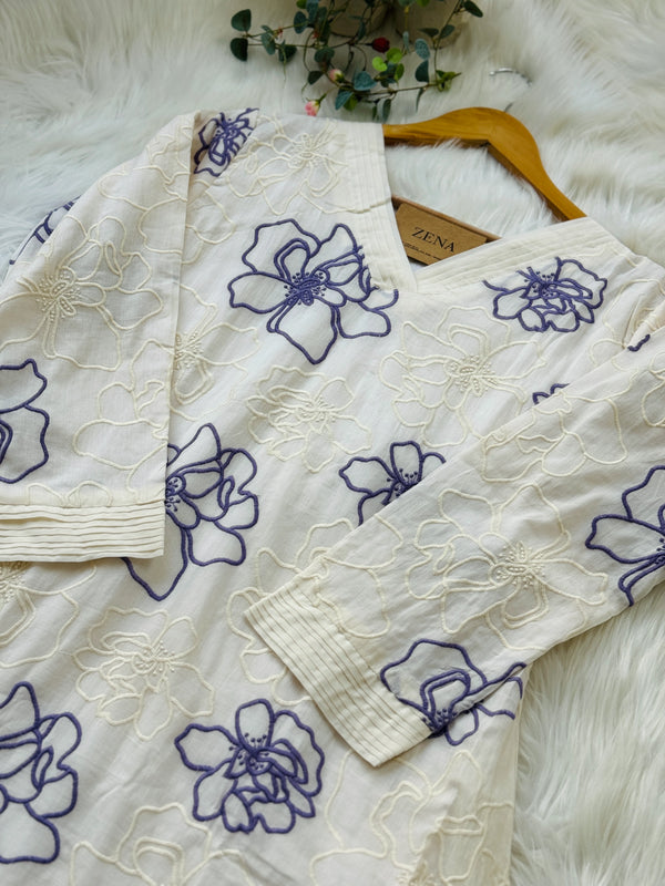 Pure Mul Cotton Embroidered Kurti Set